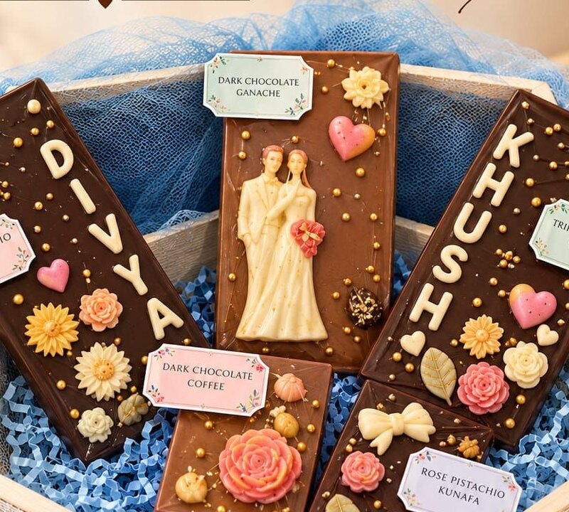 Personalised name chocolate bars curated in a hamper
