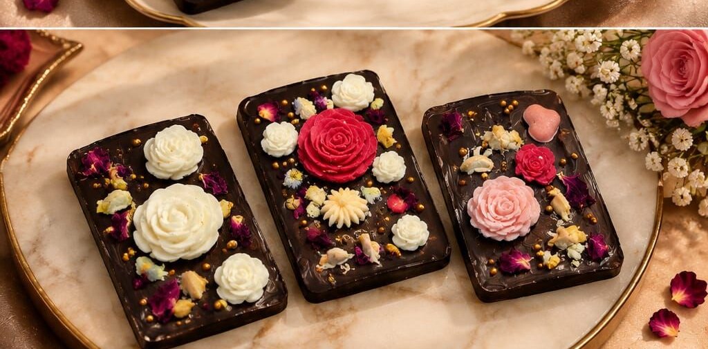 Three dark chocolate bars decorated with sculpted roses and flowers on a marble plate