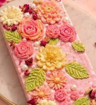 Pink chocolate bar covered in sculpted roses and leaves